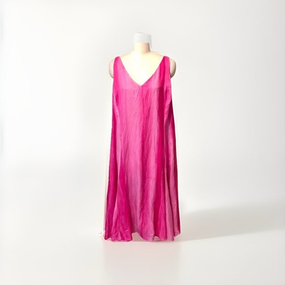 Lauren Ralph Lauren 100% Silk Bright Pink Crinkle A-Line Midi Dress Sz 8 - Picture 1 of 5